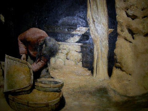 Painting Oil On Canvas Woman Sieving Grain