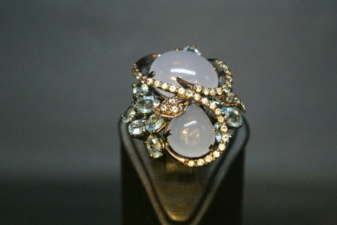 Jewelry Silver Ring Chalcedony Blue & White Topaz